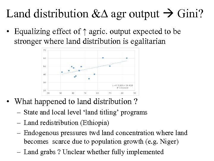 Land distribution &D agr output Gini? • Equalizing effect of ↑ agric. output expected