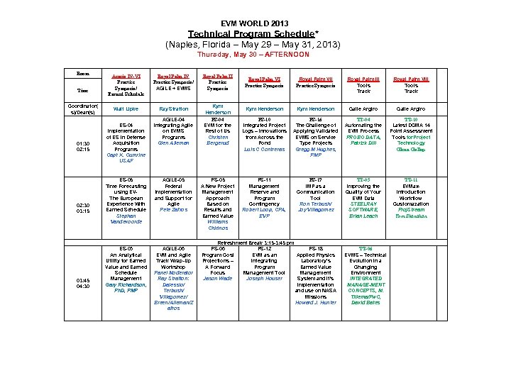  EVM WORLD 2013 Technical Program Schedule* (Naples, Florida – May 29 – May