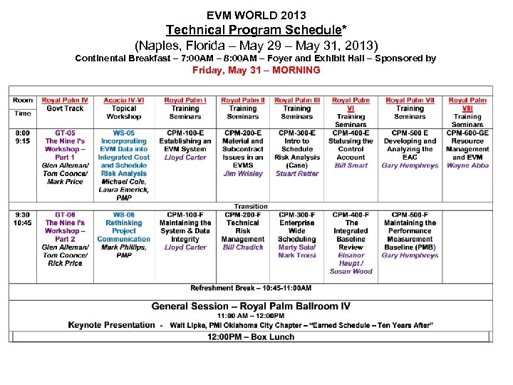 EVM WORLD 2013 Technical Program Schedule* (Naples, Florida – May 29 – May 31,