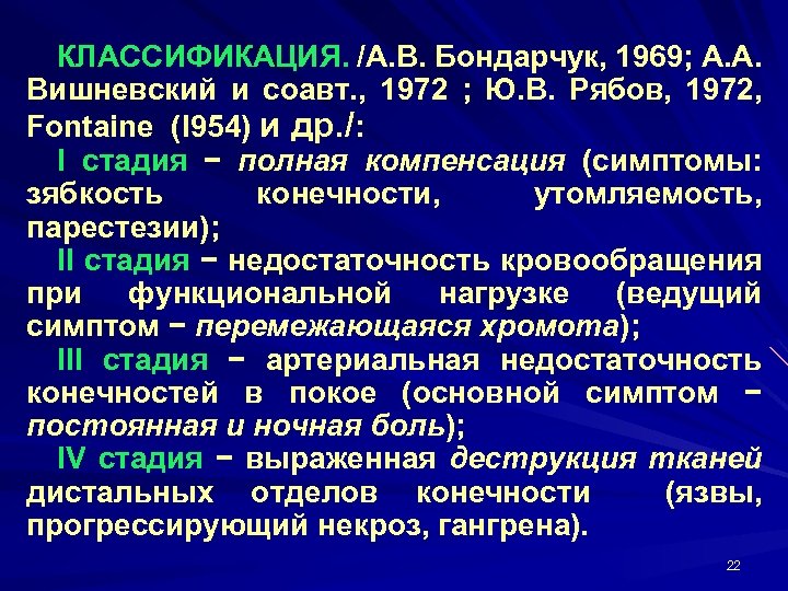 КЛАССИФИКАЦИЯ. /А. В. Бондарчук, 1969; А. А. Вишневский и соавт. , 1972 ; Ю.