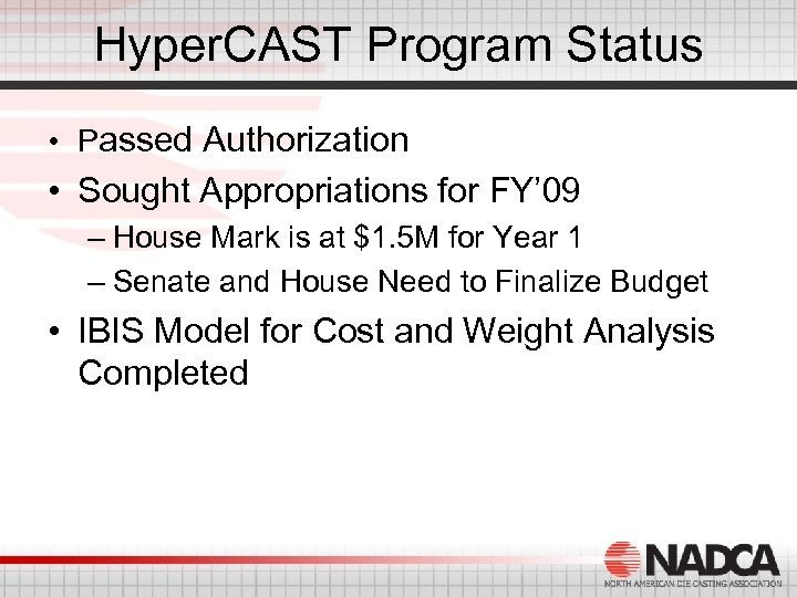 Hyper. CAST Program Status • Passed Authorization • Sought Appropriations for FY’ 09 –