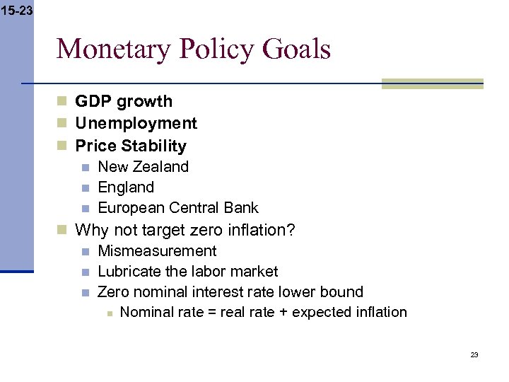 15 -23 Monetary Policy Goals n GDP growth n Unemployment n Price Stability n