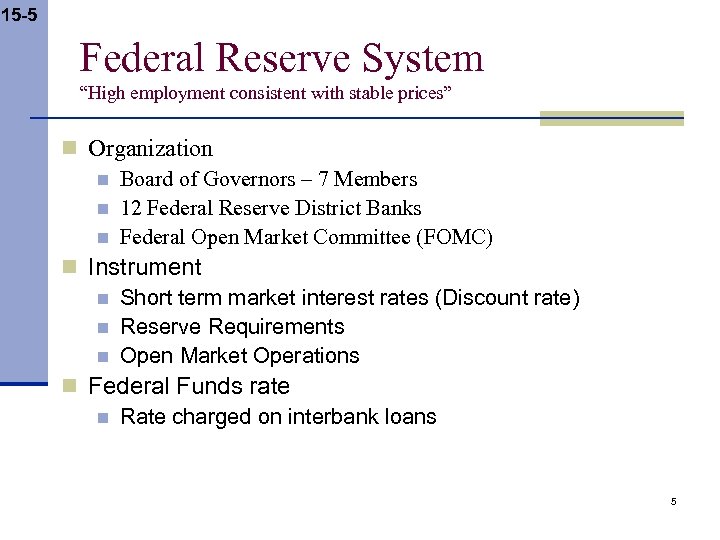 15 -5 Federal Reserve System “High employment consistent with stable prices” n Organization n