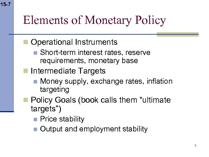 15 -7 Elements of Monetary Policy n Operational Instruments n Short-term interest rates, reserve
