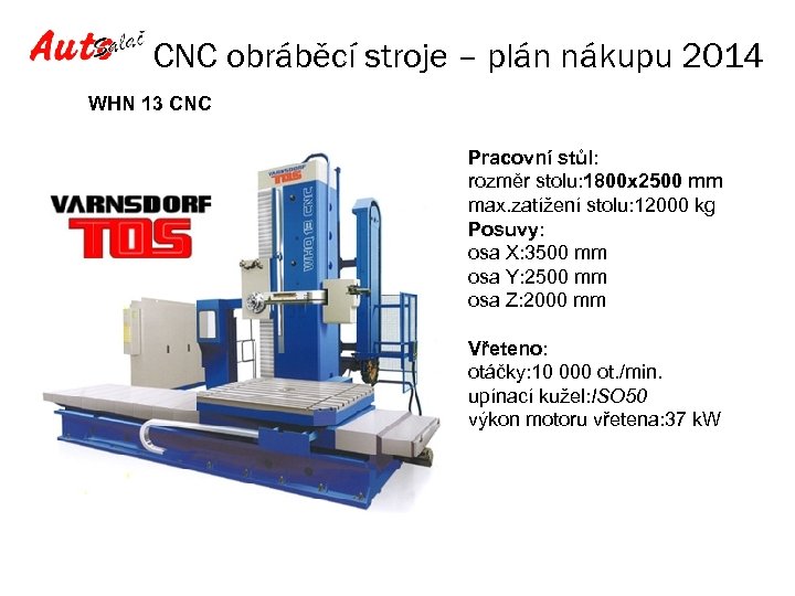 CNC obráběcí stroje – plán nákupu 2014 WHN 13 CNC Pracovní stůl: rozměr stolu: