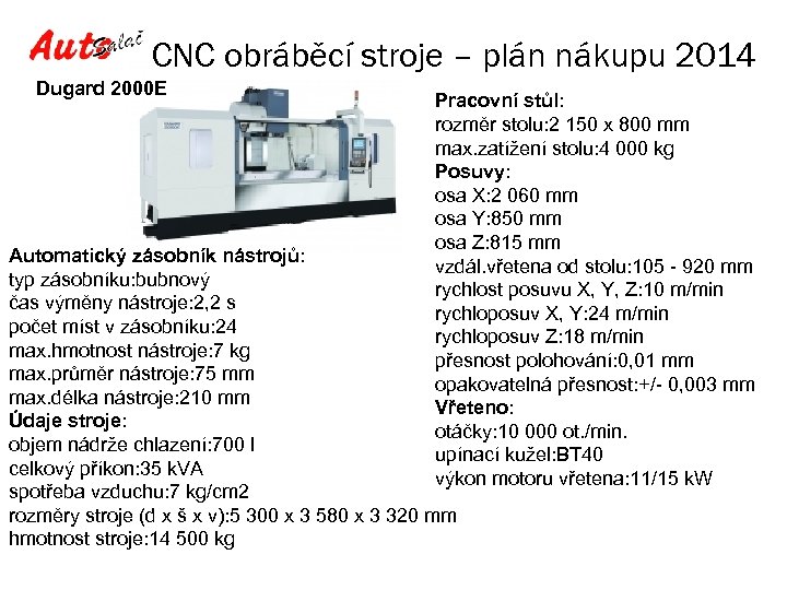 CNC obráběcí stroje – plán nákupu 2014 Dugard 2000 E Pracovní stůl: rozměr stolu: