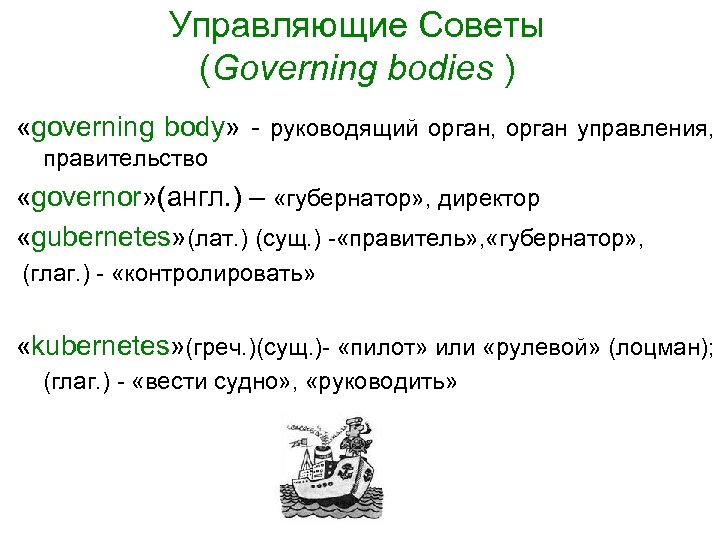 Управляющие Советы (Governing bodies ) «governing body» - руководящий орган, орган управления, правительство «governor»
