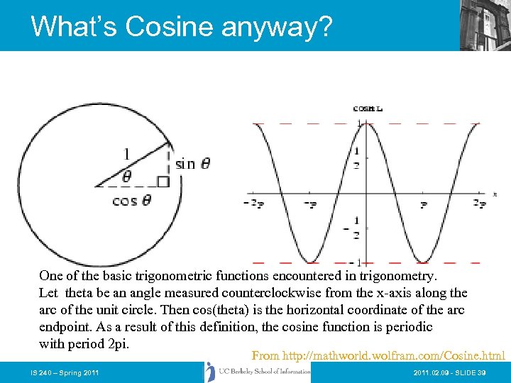 What’s Cosine anyway? One of the basic trigonometric functions encountered in trigonometry. Let theta