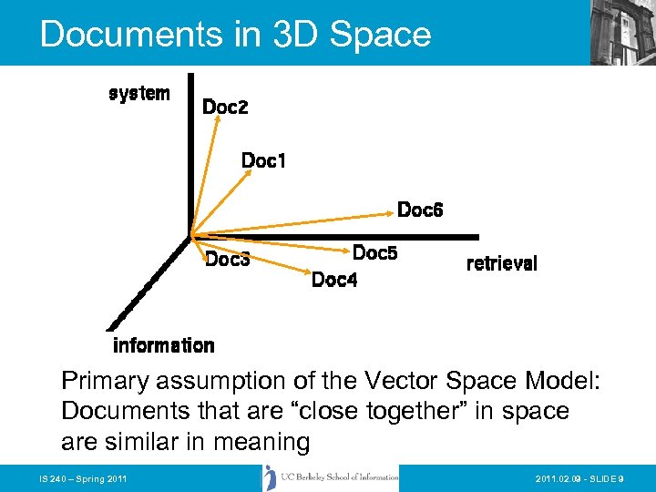 Documents in 3 D Space Primary assumption of the Vector Space Model: Documents that