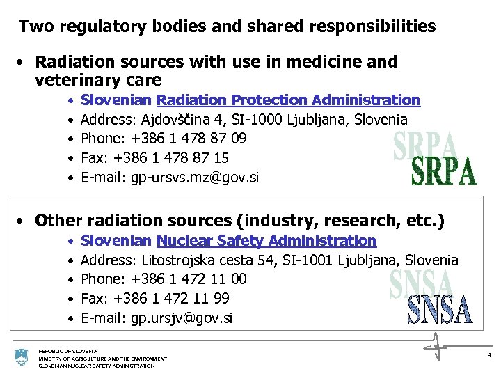Two regulatory bodies and shared responsibilities • Radiation sources with use in medicine and