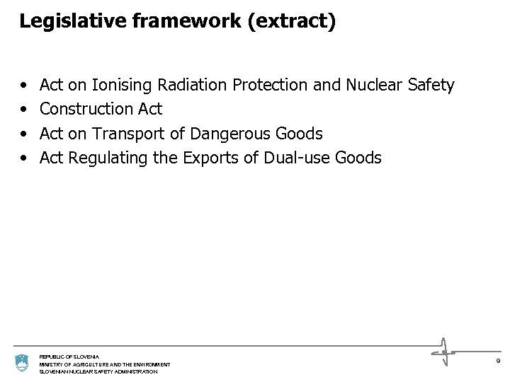 Legislative framework (extract) • • Act on Ionising Radiation Protection and Nuclear Safety Construction