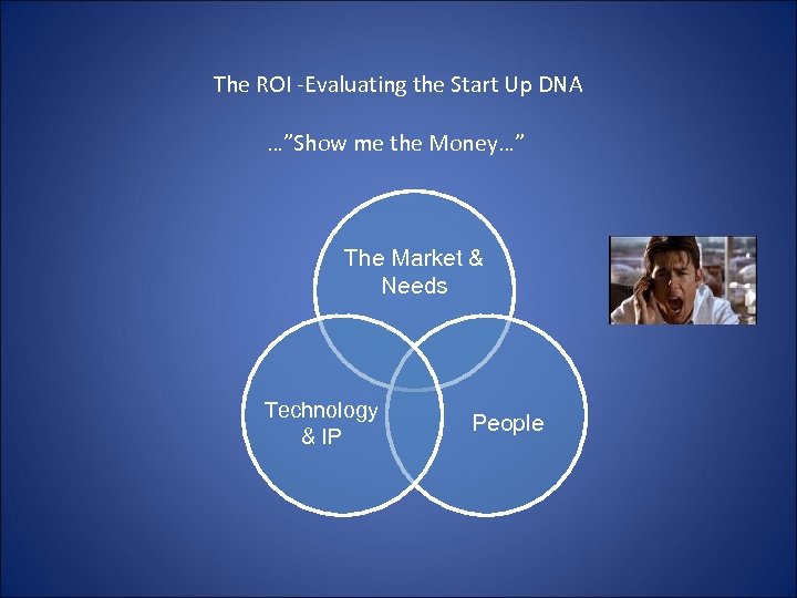 The ROI -Evaluating the Start Up DNA …”Show me the Money…” The Market &