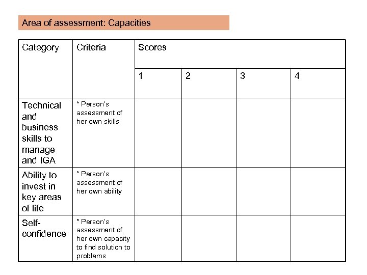 Area of assessment: Capacities Category Criteria Scores 1 Technical and business skills to manage