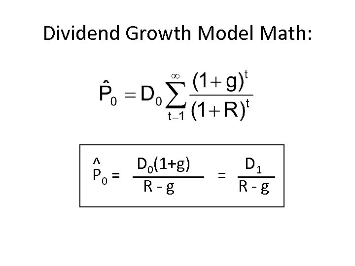 Dividend Growth Model Math: ^ D 0(1+g) P 0 = R - g D