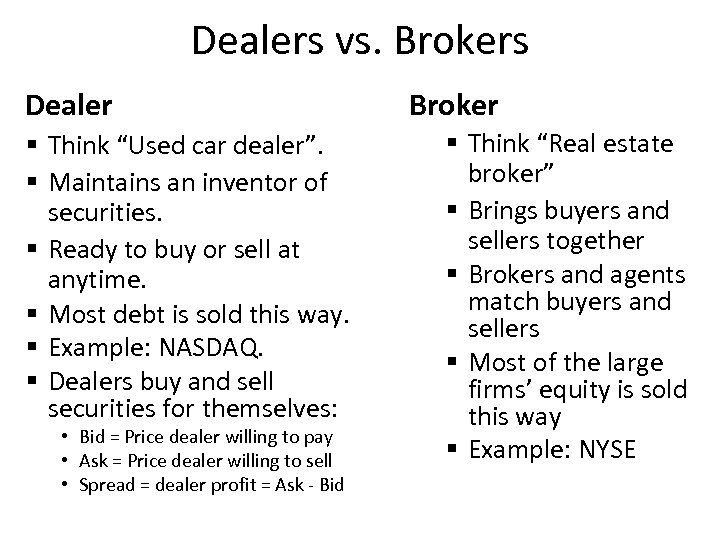 Dealers vs. Brokers Dealer § Think “Used car dealer”. § Maintains an inventor of