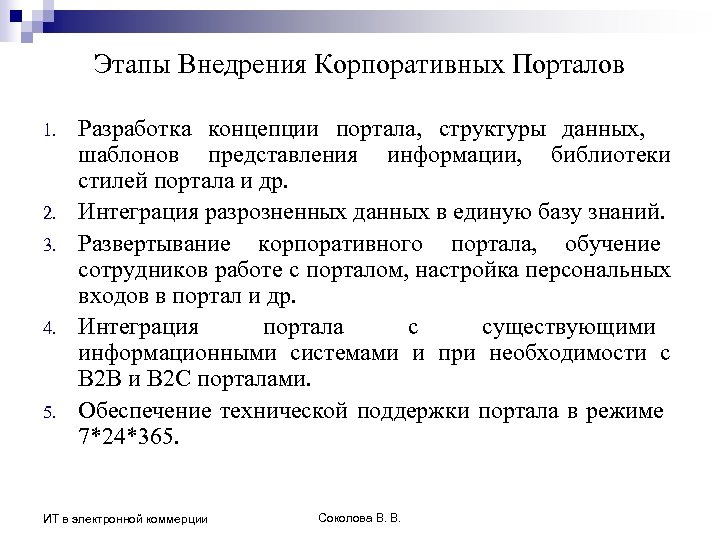 Этапы Внедрения Корпоративных Порталов 1. 2. 3. 4. 5. Разработка концепции портала, структуры данных,