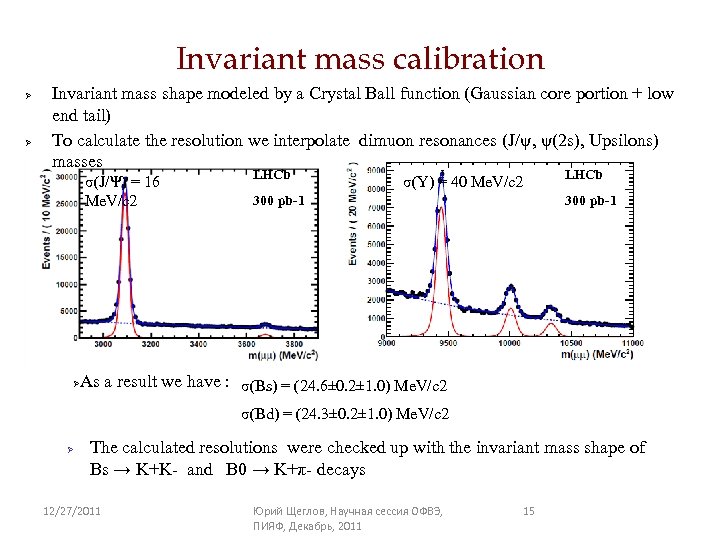 Invariant mass calibration Ø Ø Invariant mass shape modeled by a Crystal Ball function