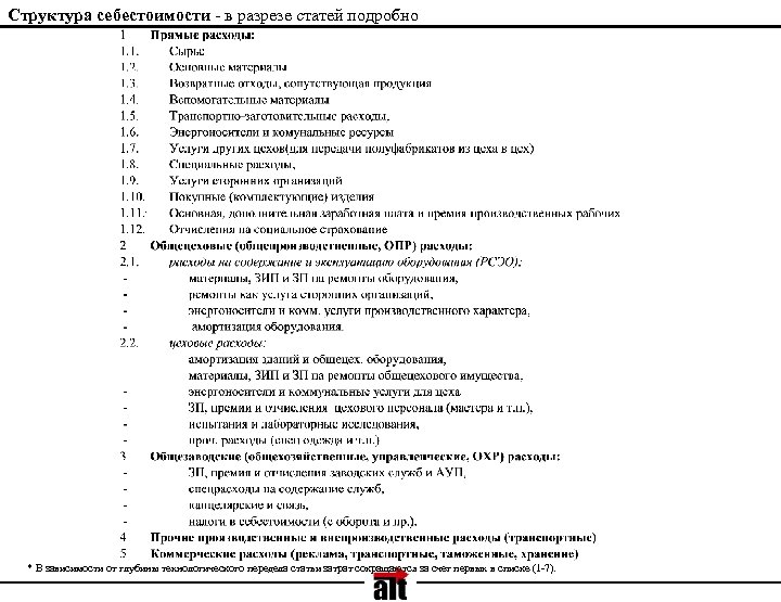 Структура себестоимости - в разрезе статей подробно * В зависимости от глубины технологического передела