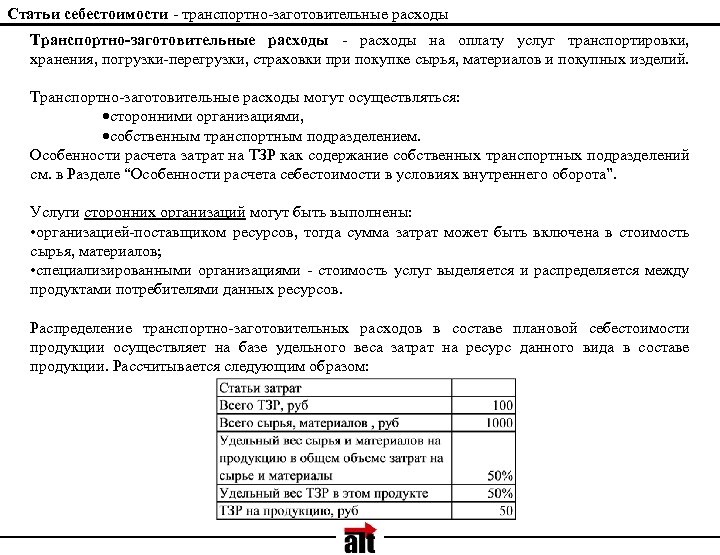 Статьи себестоимости - транспортно-заготовительные расходы Транспортно-заготовительные расходы - расходы на оплату услуг транспортировки, хранения,