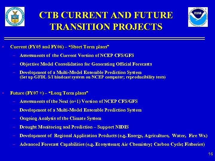CTB CURRENT AND FUTURE TRANSITION PROJECTS • Current (FY 05 and FY 06) –