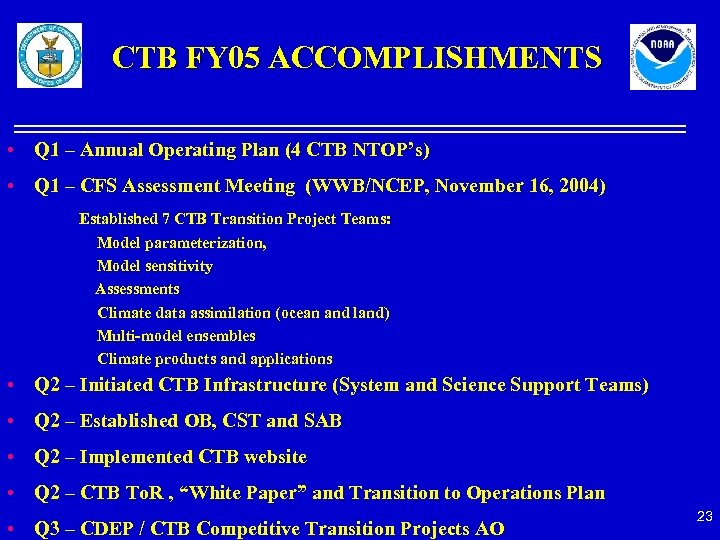 CTB FY 05 ACCOMPLISHMENTS • Q 1 – Annual Operating Plan (4 CTB NTOP’s)