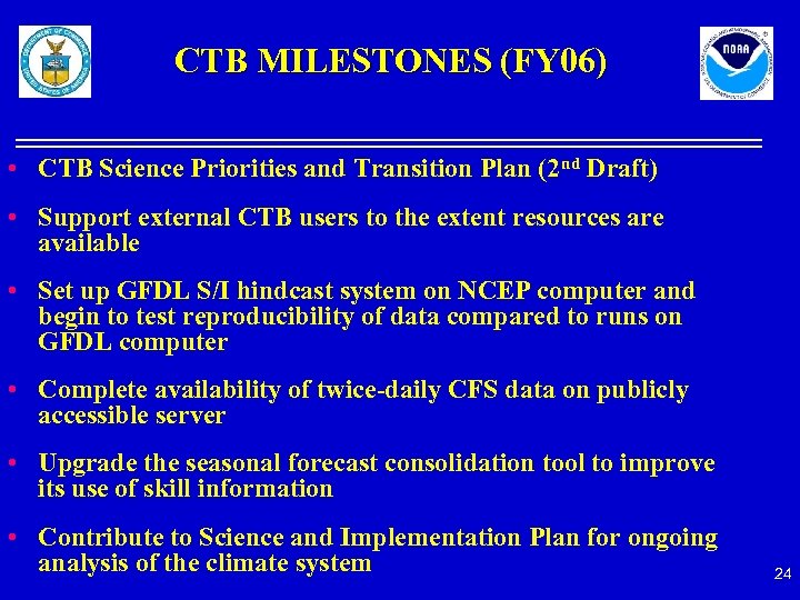 CTB MILESTONES (FY 06) • CTB Science Priorities and Transition Plan (2 nd Draft)