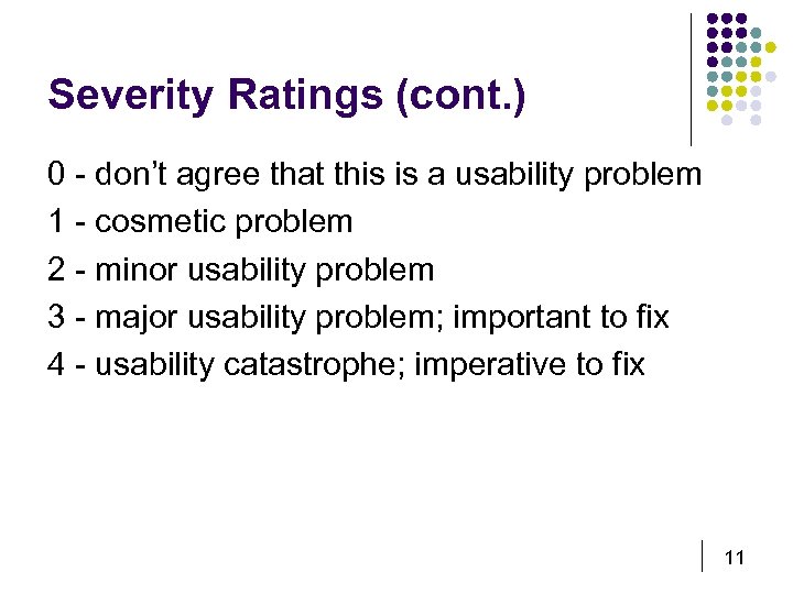 Severity Ratings (cont. ) 0 - don’t agree that this is a usability problem