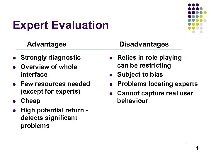 Expert Evaluation Advantages l l l Strongly diagnostic Overview of whole interface Few resources