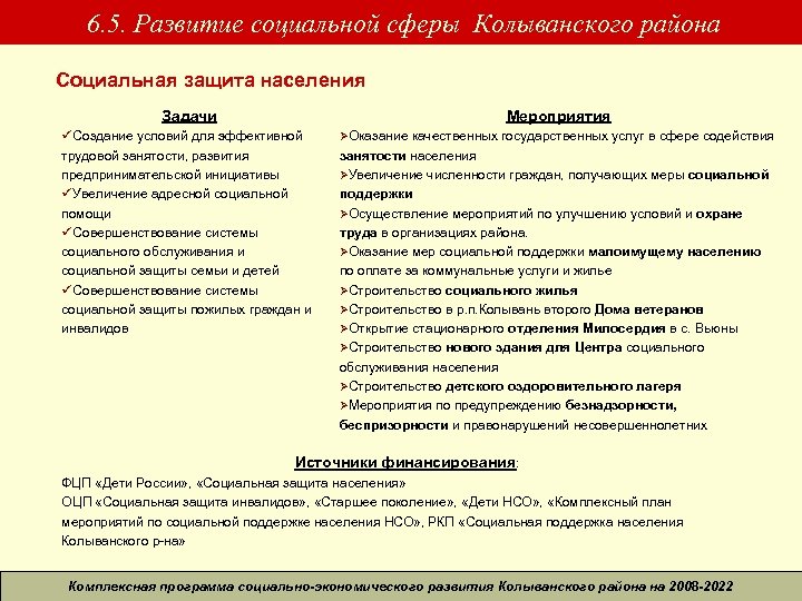  6. 5. Развитие социальной сферы Колыванского района Социальная защита населения Задачи Мероприятия üСоздание