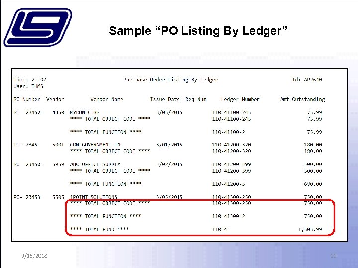 Sample “PO Listing By Ledger” 3/15/2018 22 
