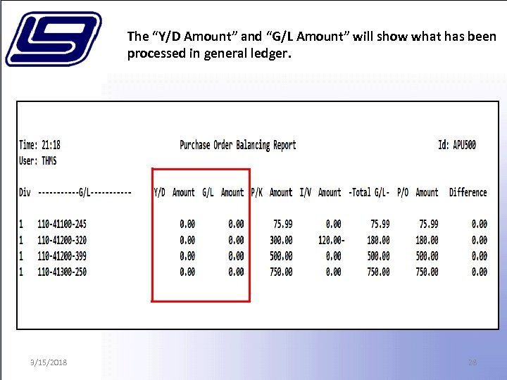 The “Y/D Amount” and “G/L Amount” will show what has been processed in general