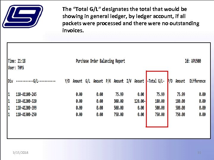 The “Total G/L” designates the total that would be showing in general ledger, by