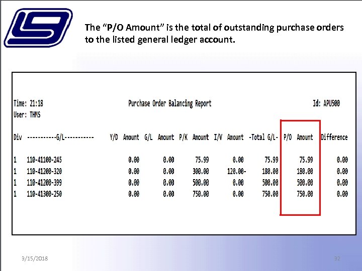 The “P/O Amount” is the total of outstanding purchase orders to the listed general