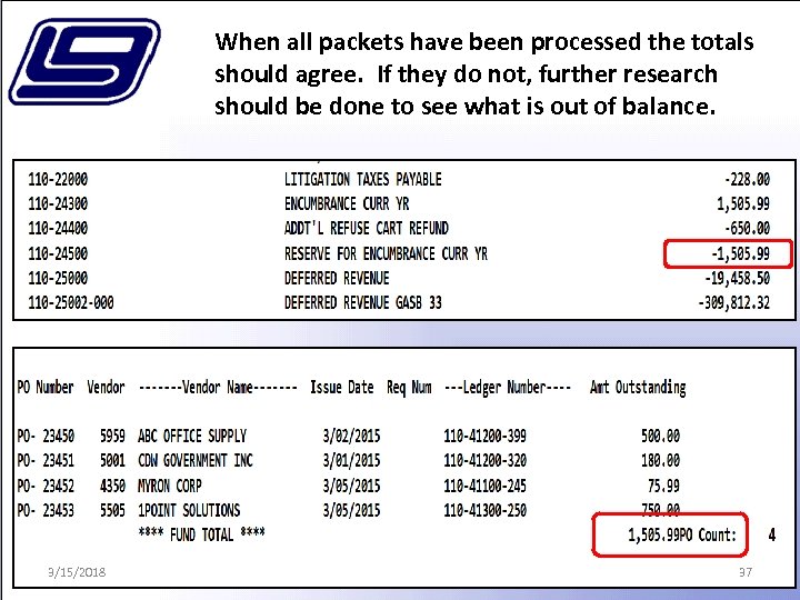 When all packets have been processed the totals should agree. If they do not,