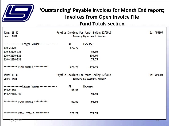 ‘Outstanding’ Payable Invoices for Month End report; Invoices From Open Invoice File Fund Totals