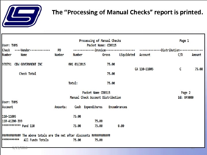 The “Processing of Manual Checks” report is printed. 3/15/2018 86 