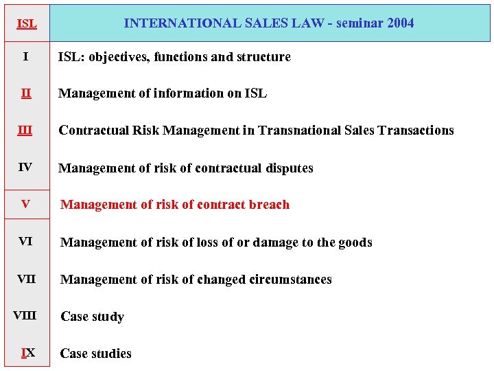 INTERNATIONAL SALES LAW - seminar 2004 ISL I ISL: objectives, functions and structure II