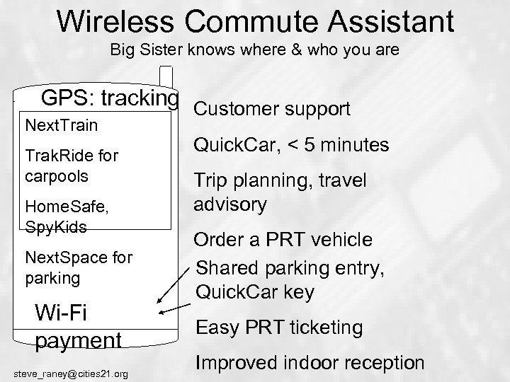 Wireless Commute Assistant Big Sister knows where & who you are GPS: tracking Customer