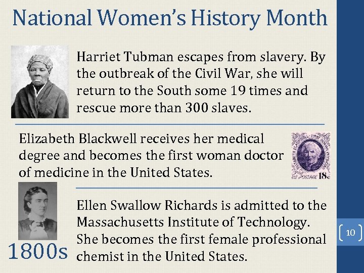 National Women’s History Month Harriet Tubman escapes from slavery. By the outbreak of the