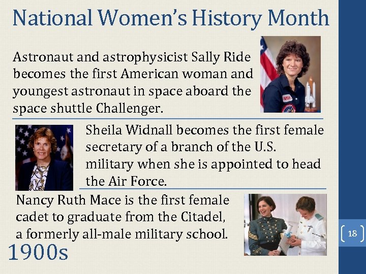 National Women’s History Month Astronaut and astrophysicist Sally Ride becomes the first American woman