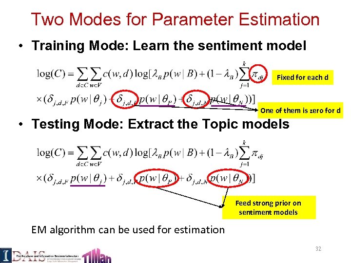 Two Modes for Parameter Estimation • Training Mode: Learn the sentiment model Fixed for