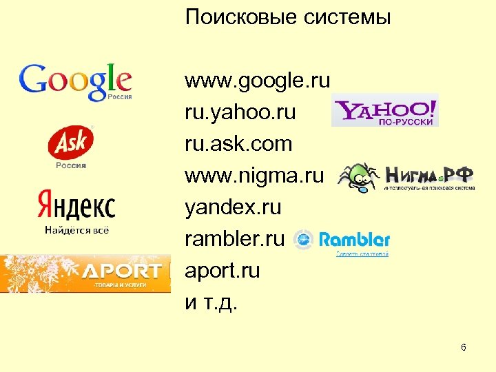 Поисковые системы www. google. ru ru. yahoo. ru ru. ask. com www. nigma. ru