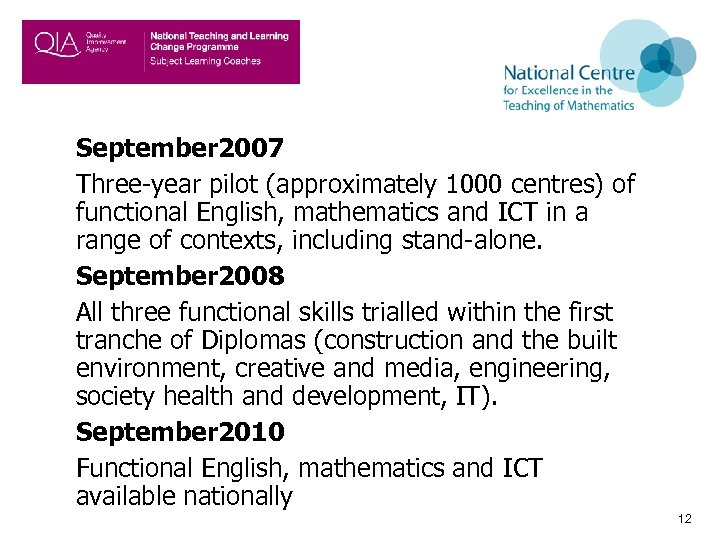 September 2007 Three-year pilot (approximately 1000 centres) of functional English, mathematics and ICT in