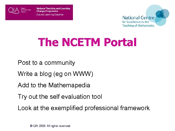 The NCETM Portal Post to a community Write a blog (eg on WWW) Add