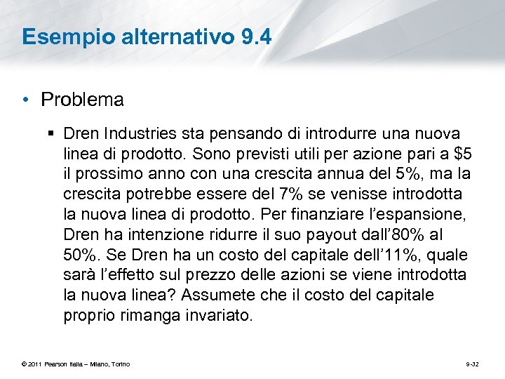 Esempio alternativo 9. 4 • Problema § Dren Industries sta pensando di introdurre una