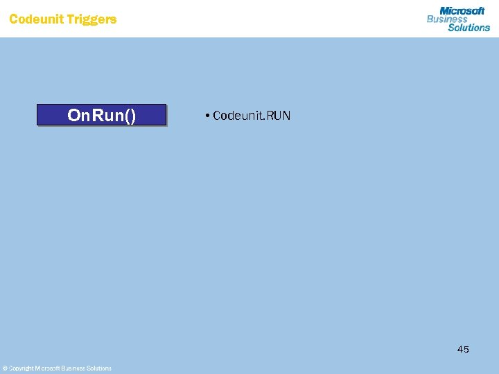 Codeunit Triggers On. Run() • Codeunit. RUN 45 