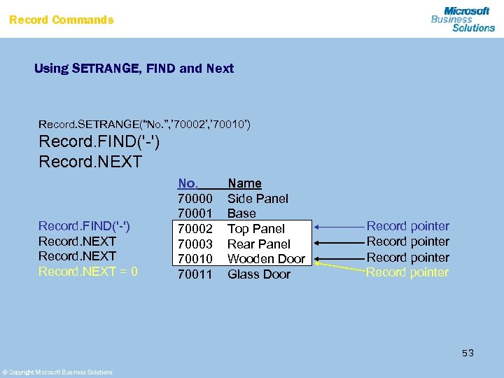 Record Commands Using SETRANGE, FIND and Next Record. SETRANGE(“No. ”, ’ 70002’, ’ 70010’)