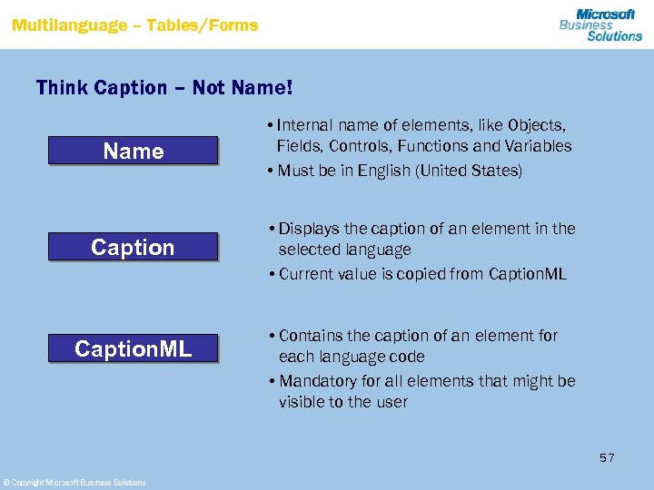 Multilanguage – Tables/Forms Think Caption – Not Name! Name • Internal name of elements,