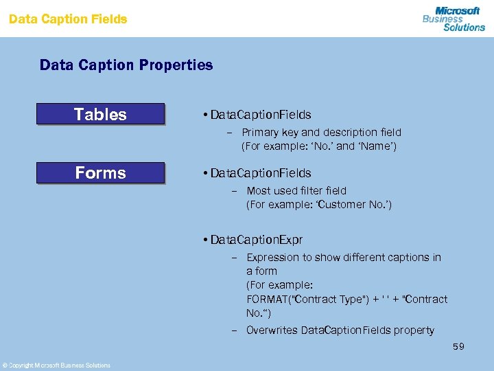 Data Caption Fields Data Caption Properties Tables • Data. Caption. Fields – Primary key