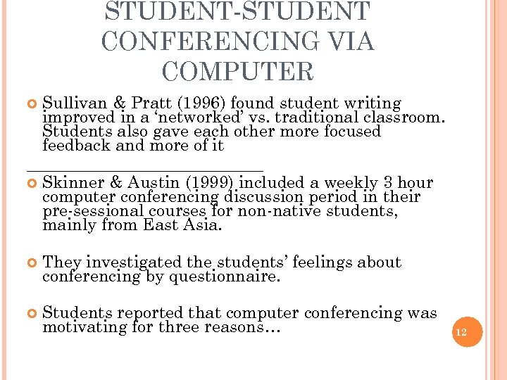 STUDENT-STUDENT CONFERENCING VIA COMPUTER Sullivan & Pratt (1996) found student writing improved in a